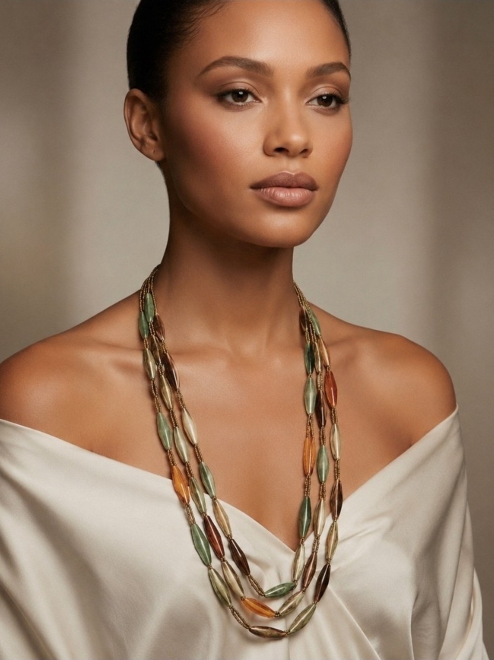 Vintage Multi-Strand Bead Statement Necklace – Earth Tone Long Layered Necklace